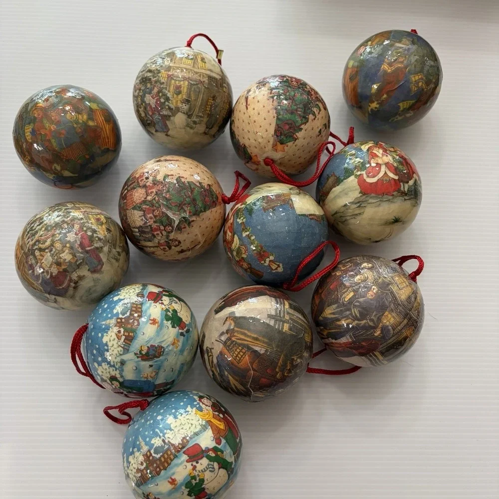 Lot If 12 Vintage Decoupage Christmas Ball Ornaments Victorian Carolers Folk Art